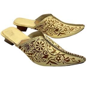 Moroccan Leather Mules Slippers Pointed Toe Women's 8 Low Heel Slip On Patterned